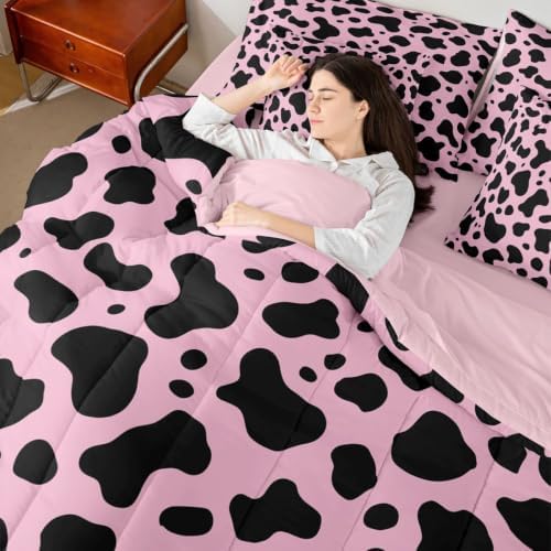 Erosebridal Cow Pink Western 7 Piece Bedding Set Queen Milk Cow Print Comforter Set with Sheets Cowgirl Preppy Bed in a Bag Farmhouse Animal Bed Sets Comforter