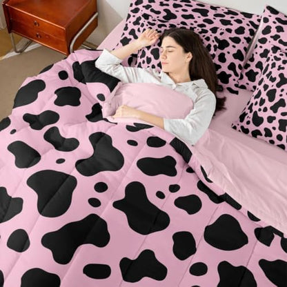 Erosebridal Cow Pink Western 7 Piece Bedding Set Full Milk Cow Print Comforter Set with Sheets Cowgirl Preppy Bed in a Bag Farmhouse Animal Bed Sets Comforter