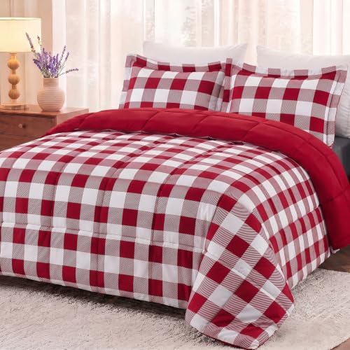 downluxe Lightweight Plaid Comforter Set (King) with 2 Pillow Shams - 3-Piece Set - Red/White Plaid - Down Alternative Reversible Comforter