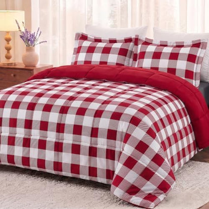 downluxe Lightweight Plaid Comforter Set (King) with 2 Pillow Shams - 3-Piece Set - Red/White Plaid - Down Alternative Reversible Comforter