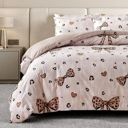 Wajade 7 Piece Cheetah Bow Comforter Set for Girls Kids Twin Size Bedding Set with Sheet and 2 Pillowcases 2 Pillow Shams Cute Girls Bed in a Bag as Birthday Choice