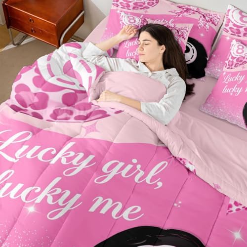 Erosebridal Pink Leopard Bow Girls Twin Bedding Set 7 Piece Preppy Fashion Y2K Comforter Set Cheetah Print Lucky 8 Ball Bed in A Bag with Sheets for Kids Teen Adults,Girly Coquette Y2K Bed Set
