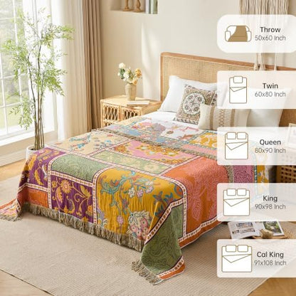 VANJOROY Boho Throw Blanket, 100% Organic Cotton Breathable Skin-Friendly Ultra Soft 60" x 80" Bed Patchwork Throw - Floral Rustic Luxury Reversible Blanket for Sofa Couch Chair and Gift,