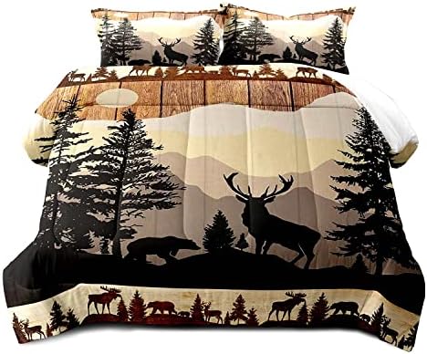 LUVIVIHOME 3PCS Black Bear Deer Comforter Set, Brown Comforter Set Queen, Pine Tree Woodland Forest Animal Elk Moose Wildlife Hunting Cabin Lodge Country Rustic Farmhouse Bedding Quilt, 2 Pillow Shams