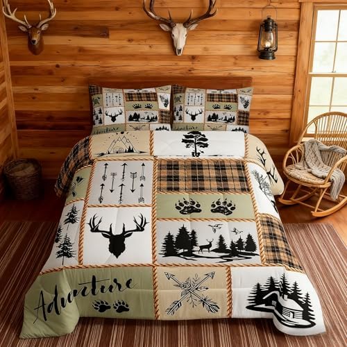 Camper Adventure Kids Comforter Set Full Size,Deer Antlers Bear Paws Farmhouse Bedding Set for Boys Girls Adults Room Decor,Arrows Plaids Patchwork Down Comforter,Rustic Duvet Insert,2 Pillowcases