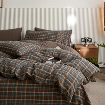 Vintage Buffalo Plaid Duvet Cover Queen Size,100% Washed Cotton Blue&Brown Plaid Checkered Comforter Cover with 2 Pillowcases, Farmhouse Grid Bedding Set Breathable Gingham Duvet Cover Set Queen