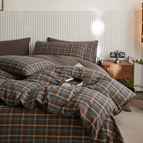 LifeTB Vintage Blue&Brown Plaid Duvet Cover Set Twin XL, 100% Washed Cotton Gingham Duvet Cover, Lightweight Soft&Breathable Retro Plaid Checkered Comforter Cover Grid Farmhouse Bedding Set