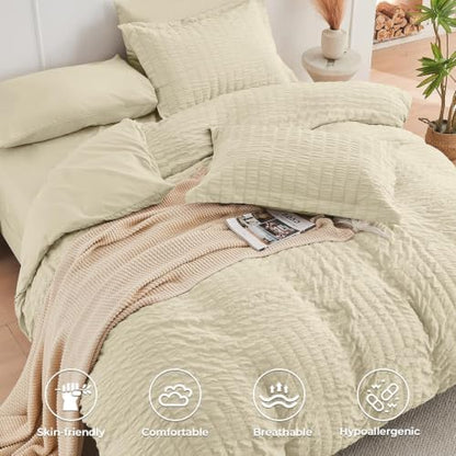 HYMOKEGE Oatmeal Twin XL Comforter Set Seersucker 5 Pieces, All Season Luxury Bed in a Bag for Bedroom, Bedding Set with Comforter, Sheets, Pillowcase & Sham