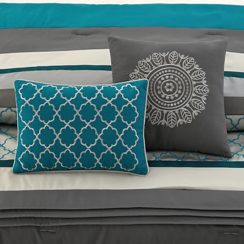 LANCO MODERN LIFESTYLE Queen Comforter Set, Gray Bedding Set, Jacquard Woven with Embroidery, 8 Pieces Bed in a Bag, Bed Skirt, Shams and Decorative Pillows