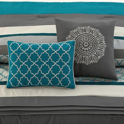 LANCO MODERN LIFESTYLE Queen Comforter Set, Gray Bedding Set, Jacquard Woven with Embroidery, 8 Pieces Bed in a Bag, Bed Skirt, Shams and Decorative Pillows