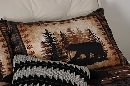 Castle Fairy Bear Print Comforter Set Queen Size,Wild Animal Hunt Pine Trees Retro Bedding Set for Women Adult,Rustic Grid Plaid Cabin Decor Luxury Bed Duvet Insert, 2 Pillowcases