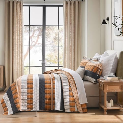 Homzard 100% Cotton King Size Quilt Set Striped Plaid Orange Black Bedspread Set Summer Lightweight Farmhouse Washable Bedding Comforter Set 3 Pieces