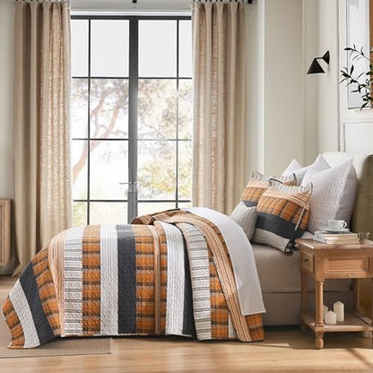 Homzard 100% Cotton King Size Quilt Set Striped Plaid Orange Black Bedspread Set Summer Lightweight Farmhouse Washable Bedding Comforter Set 3 Pieces