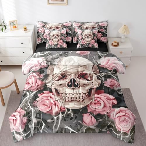 Erosebridal Gothic Skull Bedding Set Full,Romantic Pink Rose Comforter Set,Spooky Bone Skeleton Floral(Comforter+Fitted+Flat Sheet+2 Pillowcases+2 Throw Pillow Covers) 7 Pieces Halloween Bed Set