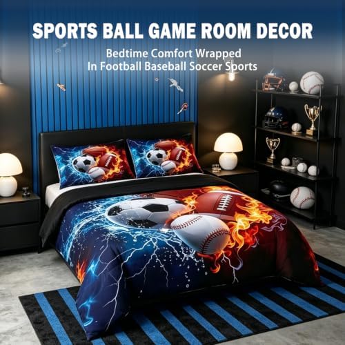 Feelyou Boys Sports Comforter Set King Size Football Baseball Soccer Bedding Set Basketball Duvet Quilt for Kids Boys Bedroom Ball Game Sports Decor Microfiber Ultra Soft Breathable