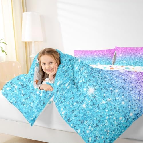 Colorful Glitter Bedding Twin Girly Turquoise Teal Blue Pink Pastel Girls Comforter Set 2 Pcs Trendy Quilt Duvet for Kid Women Down Comforter with Sparkle Sequin Pattern Bling Bedroom Decor Bed Cover