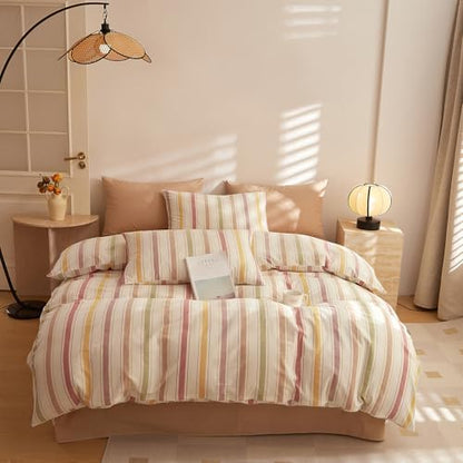 mixinni Vintage Striped Duvet Cover Set Queen, 3-Piece Washed Cotton Bedding Set - Soft, Breathable & Colorful Marble Stripe Pattern, All-Season Comforter Cover with Zipper-Queen Size