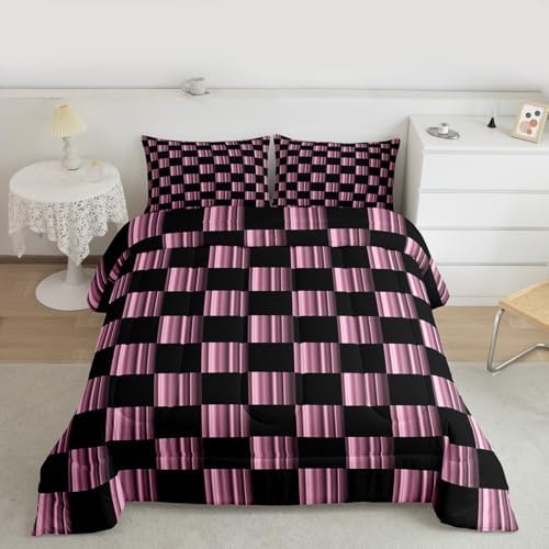 Feelyou Checkered Kids Comforter Set Queen Size Abstract Ombre Bedding Set Modern Geometric Pink Black Duvet Quilt for Kids Boys Girls Bedroom Cute Neutral Aesthetic Plaid Decor