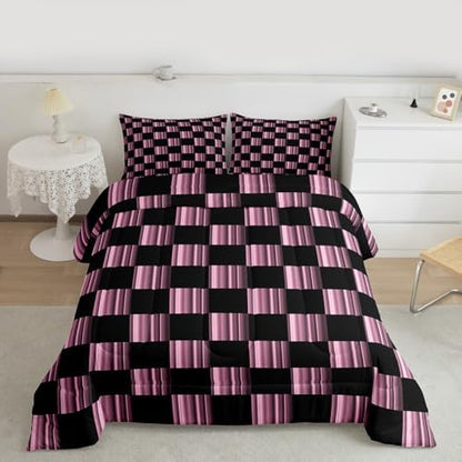 Feelyou Checkered Kids Comforter Set Queen Size Abstract Ombre Bedding Set Modern Geometric Pink Black Duvet Quilt for Kids Boys Girls Bedroom Cute Neutral Aesthetic Plaid Decor