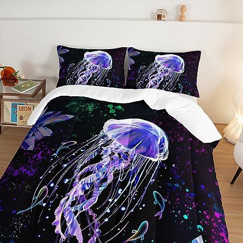 HOSIMA Ocean Theme King Size Comforter Set 3 Piece,Deep Sea Treasure Crystals Jellyfish Comforter Preppy Bedding Set,Dreamy Marine Life Colored Ink Comforter Galaxy Bedding.