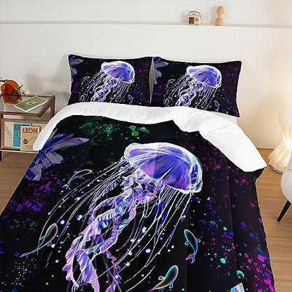 HOSIMA Ocean Theme Comforter 3 Piece,Deep Sea Treasure Crystals Jellyfish Comforter Full Size Bed in a Bag Preppy Bedding Set,Dreamy Marine Life Colored Ink Comforter Galaxy Bedding.