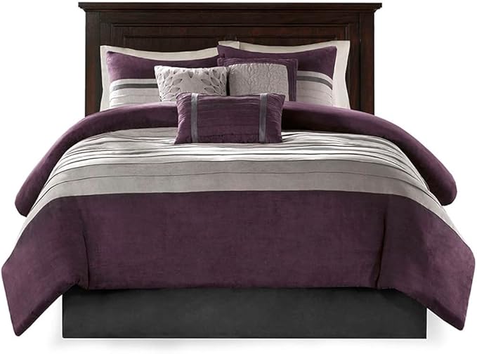 Madison Park Palmer Comforter Set - Faux Suede Design, Striped Accent, All Season Down Alternative Bedding, Matching Shams, Decorative Pillow, Bed Skirt, King (104 in x 92 in), Purple 7 Piece