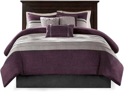 Madison Park Palmer Comforter Set - Faux Suede Design, Striped Accent, All Season Bedding, Shams, Decorative Pillow, Bed Skirt, Queen (90 in x 90 in), Purple 7 Piece