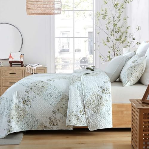 HIARUO Quilt Set Twin Size 2 Pieces Floral Patchwork Comforter Bedspread Boho Plaid Coverlet Reversible Lightweight Farmhouse Bedding with 1 Pillow Cover Sham for All Season, Green Purple