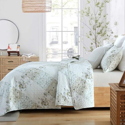 HIARUO Quilt Set Twin Size 2 Pieces Floral Patchwork Comforter Bedspread Boho Plaid Coverlet Reversible Lightweight Farmhouse Bedding with 1 Pillow Cover Sham for All Season, Green Purple