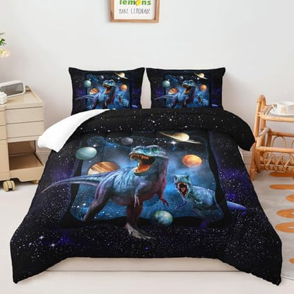 AILONEN Space Galaxy Dinosaur Bedding Set, Purple Dreamy Nebula Dinosaur Queen Size Bedding Sets for Boys Girls,Dino Roar Planet Pattern Soft Breathable Quilt Set 3Pcs(1 Comforter + 2 Pillowcase)