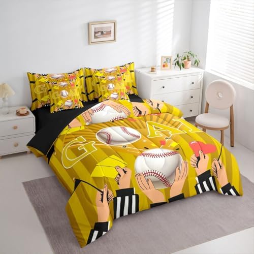 Erosebridal Boys Kids Ball Games Boys Baseball Yellow 7 Piece Bedding Set Twin | Playground Comforter Set with Sheets Stripes Geometric Bed in A Bag Sports Theme Gaming Pattern Bed Sets