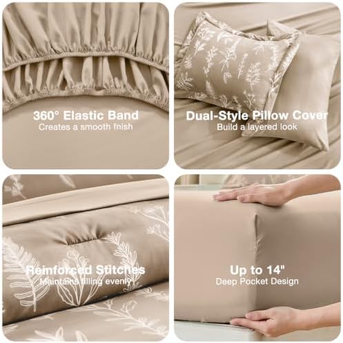 MUXHOMO Taupe Bed in a Bag Queen 7 Pieces, Queen Comforter Set Reversible Botanical Flowers Design, Ultra Soft & Breathable Bedding Sets with Comforter, Sheets, Pillowcases & Shams