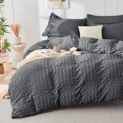 HYMOKEGE Oversized King Comforter Set Seersucker 7 Pieces, All Season Luxury Bed in a Bag for Bedroom, Bedding Set with Comforter, Sheets, Pillowcases & Shams, Dark Grey