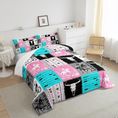Manfei Cowboy Comforter Set Twin Size, Bull Skull Horse Arrow Bedding Set 2pcs for Kids Boys Girls Room Decor, Geometric Grid Blue Pink Plaid Quilt Set Western Duvet Set with 1 Pillowcase