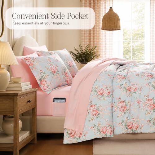 BLOOMHAVEN Full Size Comforter Sets-7 Pieces Blue Floral Bed in a Bag