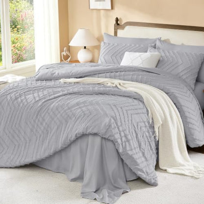 Litanika Oversized King Size Comforter Set with Sheets Light Grey - 7 Pieces Bed in a Bag Oversized King Boho Tufted Complete Bedding Sets with Comforter, Sheets, Pillowcases & Shams