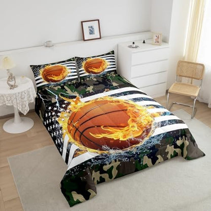 Erosebridal Basketball Comforter Set, Camouflage Bedding Set Twin for Kids Boys Teens, American Flag Quilted Duvet Sports Games and Camo Down Comforter, Decorative 2 Piece with 1 Pillow Case, Grey