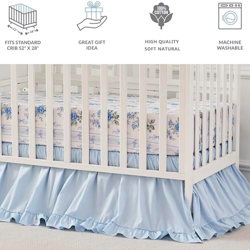 Brandream Organic Cotton Baby Crib Bedding Set for Girls 3 Pieces Ruffled Vintage Cottagecore Baby Bedding with Rose Botanical Stripe Print, Soft French Country Farmhouse Nursery Crib Set