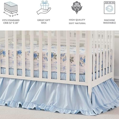 Brandream Organic Cotton Baby Crib Bedding Set for Girls 3 Pieces Ruffled Vintage Cottagecore Baby Bedding with Rose Botanical Stripe Print, Soft French Country Farmhouse Nursery Crib Set