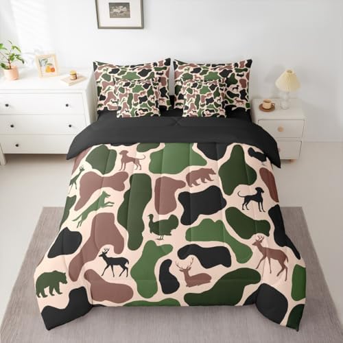 Erosebridal Camo 7 Piece Bedding Set Twin Deer Bear Comforter Set with Sheets Wolf Hound Turkey Pattern Retro Bed in a Bag Red Green Army Camouflage for Kids Boys Girls