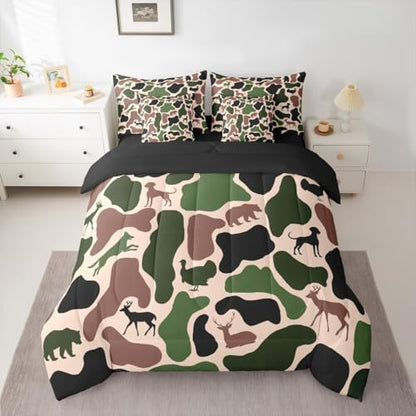 Erosebridal Camo 7 Piece Bedding Set Twin Deer Bear Comforter Set with Sheets Wolf Hound Turkey Pattern Retro Bed in a Bag Red Green Army Camouflage for Kids Boys Girls