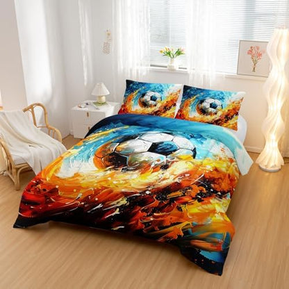 Nttopship Sports Soccer Comforter Set King Size Bedding Sets 3PCS for Kids Teen Adult Sports Room Decor Ultra-Soft Lightweight Microfiber 1 Comforter with 2 Pillowcases