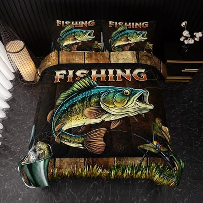 Nttopship Big Pike Fish Bedding, Bass Fishing Comforter Set Hunting and Fishing Brown Green Bedding Set Themed Comforter Set for Kids Boys Room Decor, Full Bed in a Bag for Teens with 2 Pillowcases