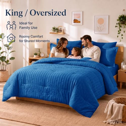 CozyLux King Comforter Set, 7 Pieces Classic Blue Seersucker Bed in a Bag