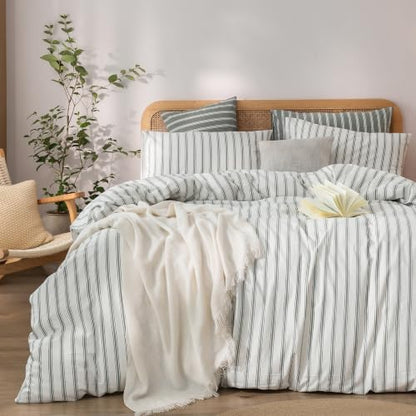 BESTOUCH Striped Cotton Duvet Cover Set Linen Feel Queen