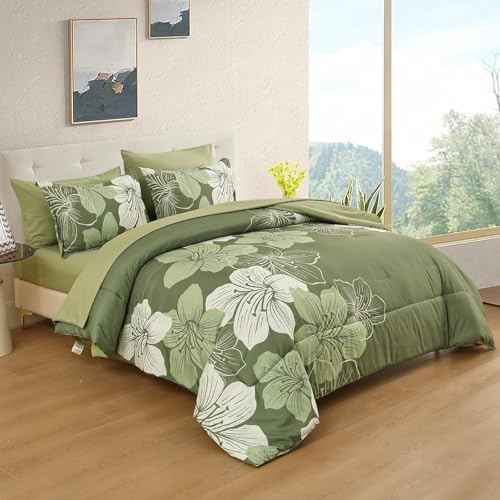 Luxudecor Full Size Comforter Set Olive Green, 7 Pieces Floral Bed in a Bag