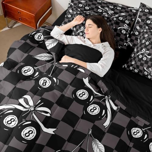 7 Piece Y2K Lucky 8 Ball Comforter Set Full Coquette Cherry Bow Bedding Set For Kids Boys Girls,Black Brown Checkered Plaid Bed In A Bag With Sheets Fashion Funky Aesthetic Bed Set Preppy Room Decor