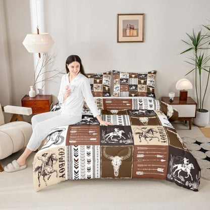 Cowboy Comforter Set Full Size,Southwestern Aztec Country Horse Bedding Set 3pcs,Rustic Ranch Retro Animal Down Comforter,Brown Patchwork Farmhouse Bed Set for Kids Boys Teens,2 Pillowcases,No Sheets