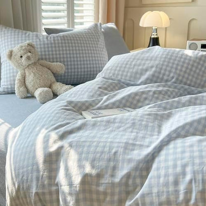 mixinni Gingham Comforter Set California King Size - 3 Piece Light Blue Plaid Farmhouse Bedding, Soft Washed Cotton All-Season Comforter & Pillow Shams, Grid Pattern Classic Style for Women Men