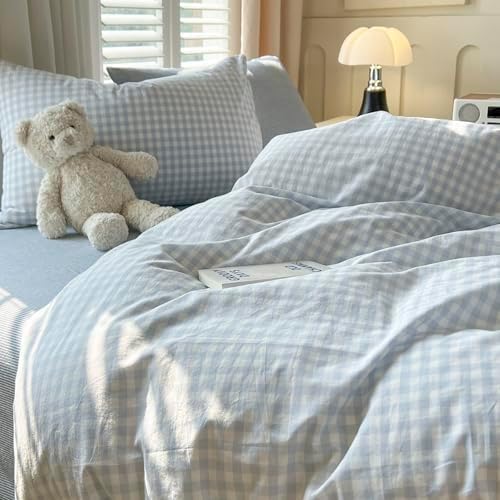 mixinni Light Blue Gingham Comforter Set King - 3 Piece Plaid Bedding Set, All-Season Soft Washed Cotton, Farmhouse Grid Pattern, Includes 1 Comforter & 2 Pillow Shams for Women Men